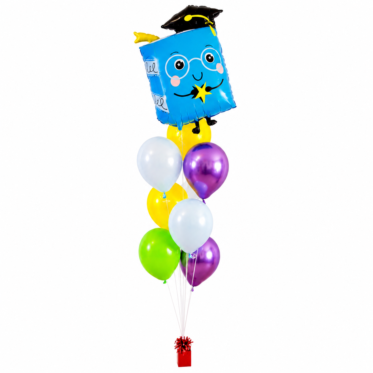 Graduation book balloon bouquet with graduation cap book balloon and colorful helium balloons