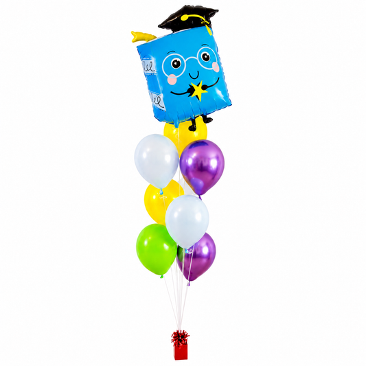 Graduation book balloon bouquet with graduation cap book balloon and colorful helium balloons