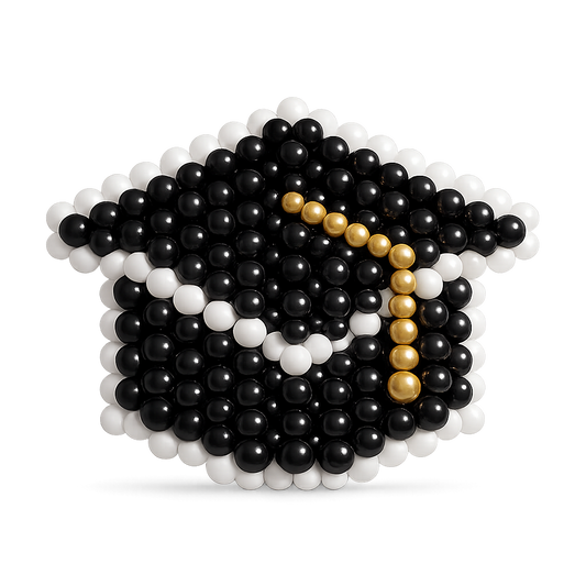 Black, white and gold graduation cap balloon mosaic for school ceremonies and graduation events in Toronto