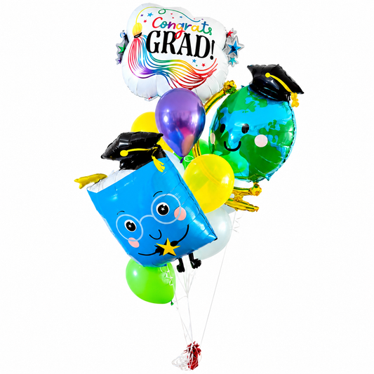 Graduation celebration balloon bouquet with graduation book globe and Congrats Grad balloons
