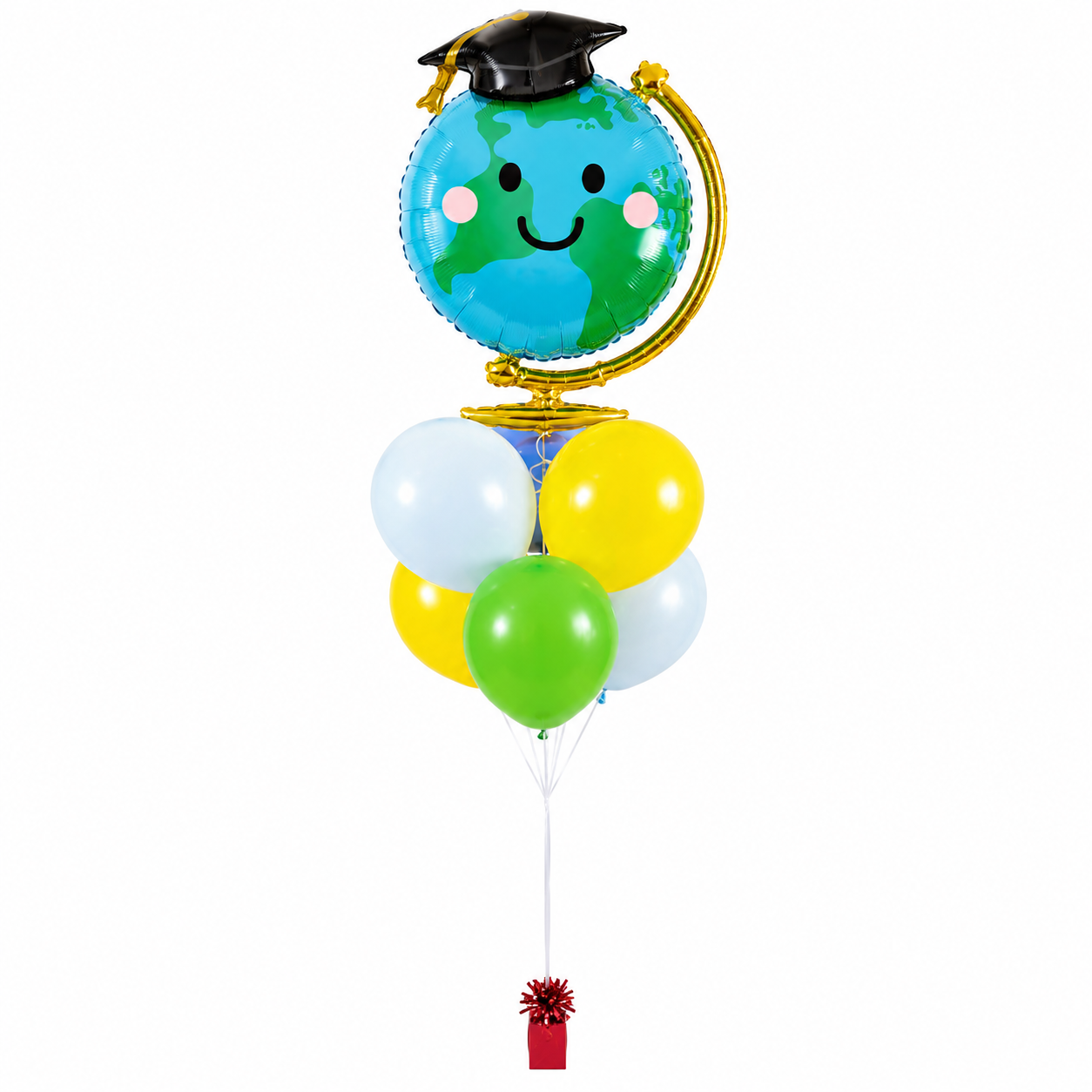 Graduation globe balloon bouquet with graduation cap balloon and colorful helium balloons