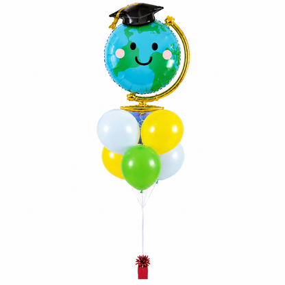 Graduation globe balloon bouquet with graduation cap balloon and colorful helium balloons