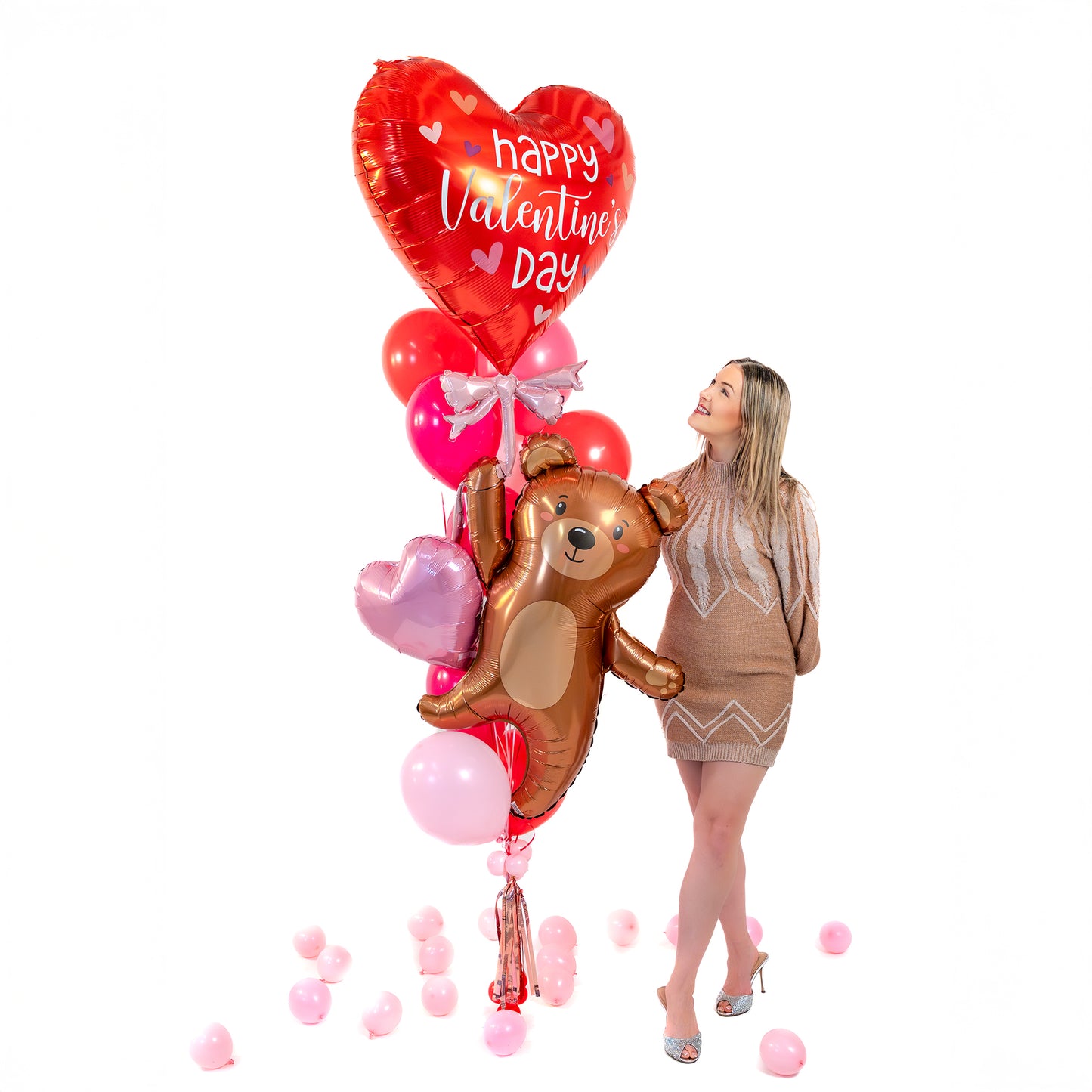 Wooow Balloons posing with the Grand Teddy Heart Balloon Bouquet – Valentine's Day balloons Toronto