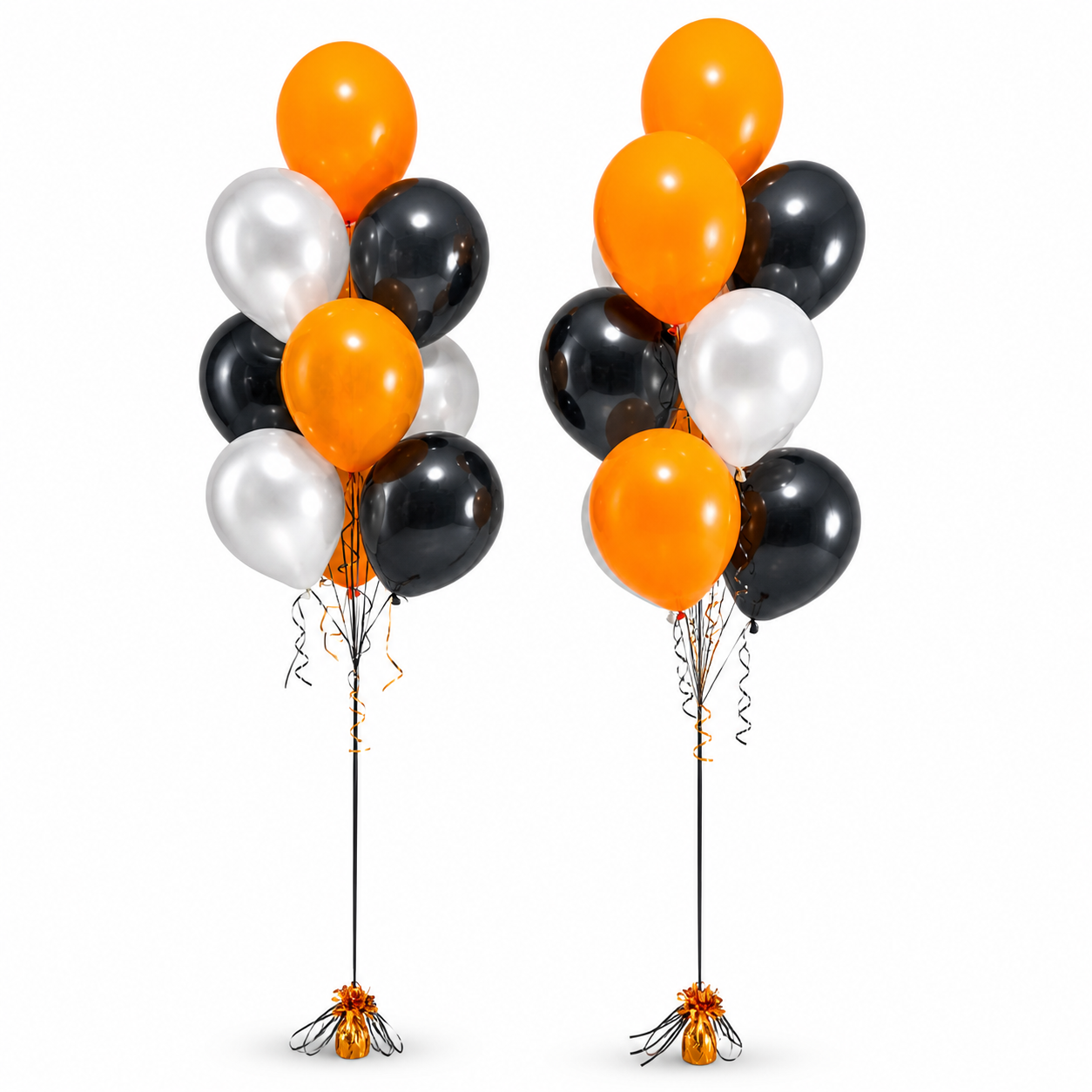 Halloween balloon bouquets with orange, black and white balloons on stands, luxury balloon delivery Toronto for parties and events
