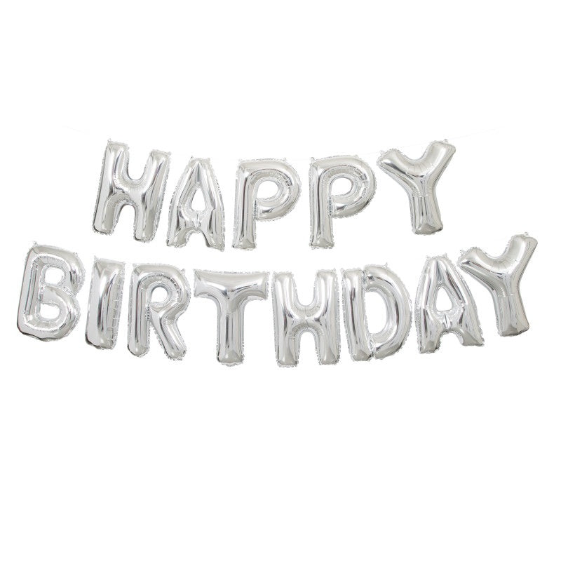 Happy Birthday foil balloon banner in silver Toronto