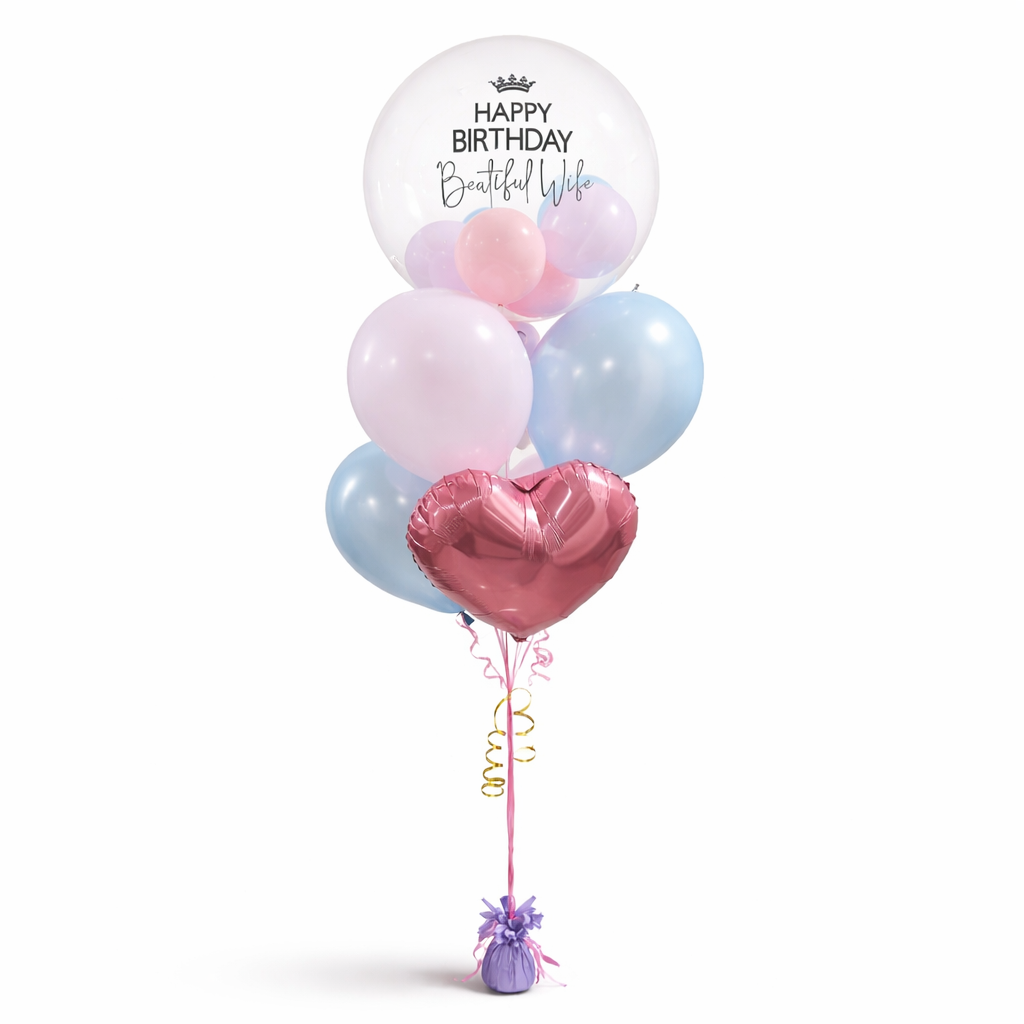 Happy Birthday balloon bouquet with bubble balloon and heart foil in pink and blue, helium balloons Toronto same day delivery