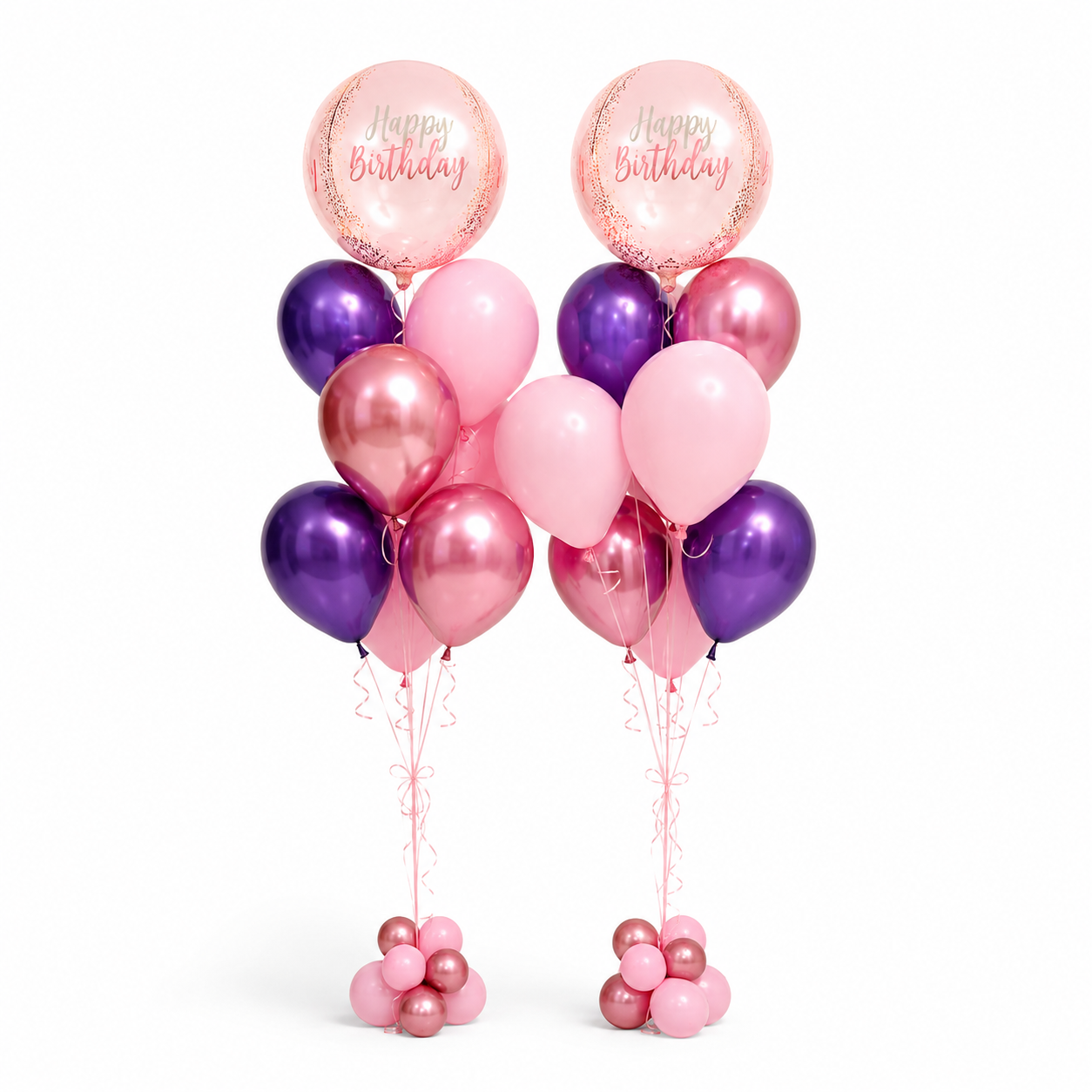 Two pink and purple Happy Birthday helium balloon bouquets in Toronto by Wooow Balloons