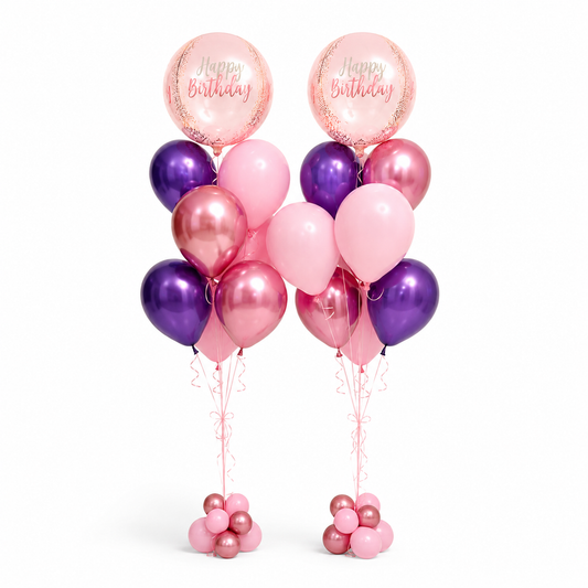 Two pink and purple Happy Birthday helium balloon bouquets in Toronto by Wooow Balloons