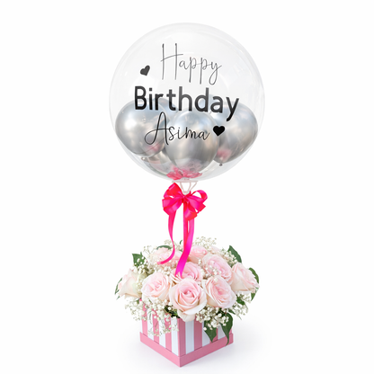Happy Birthday bubble balloon with personalized name and pink rose flower box arrangement Toronto same day delivery