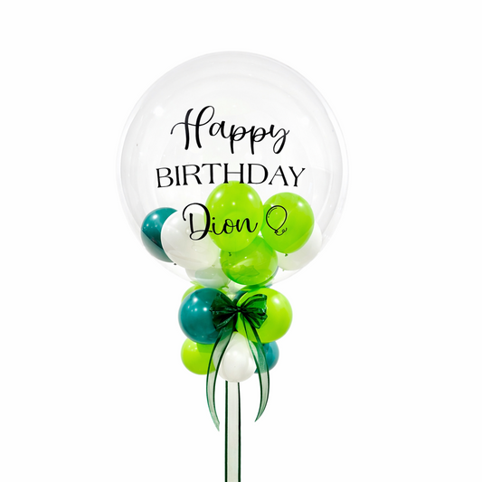 Happy Birthday personalized green bubble balloon bouquet with custom name, lime green, teal and white balloons, birthday balloon gift arrangement in Toronto.