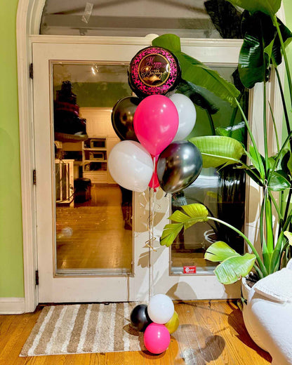 Happy Birthday Balloon Bouquet Toronto – elegant pink, black, white, and gold helium balloons by Wooow Balloons