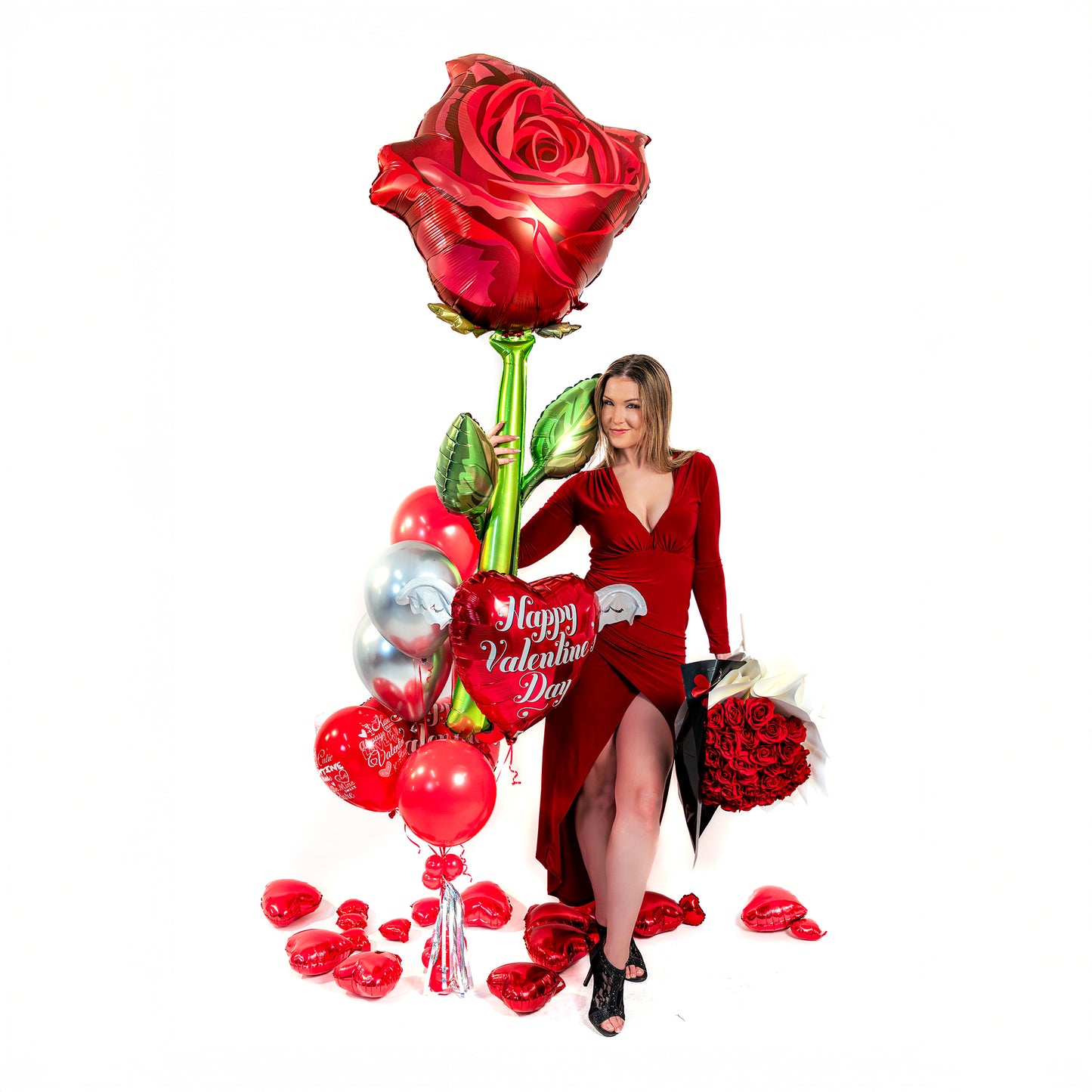 Happy Valentine’s Day heart balloon paired with a giant rose balloon bouquet for Toronto delivery
