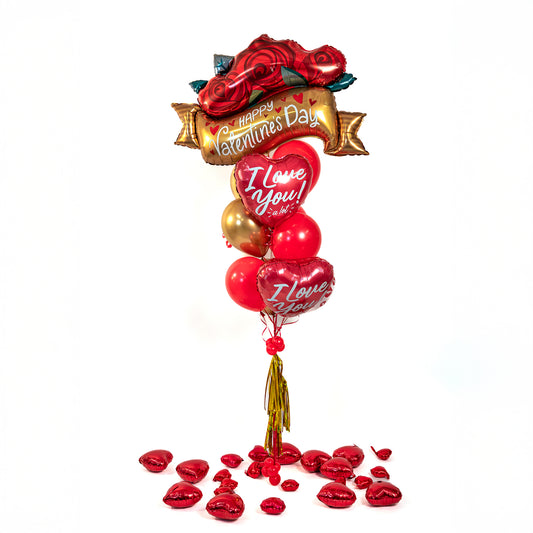 Happy Valentine’s Day rose balloon bouquet with red and gold balloons in Toronto
