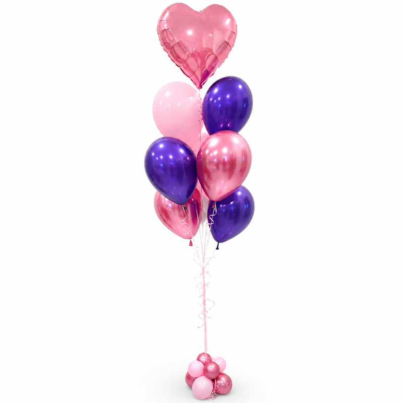 Pink and purple heart balloon bouquet with helium balloons available for same-day delivery in Toronto.