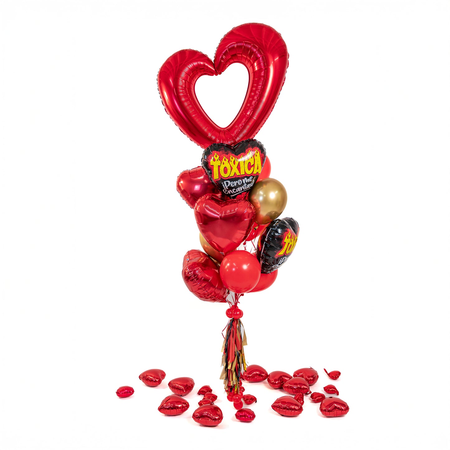 Red open-heart foil balloon centerpiece in a heart balloon bouquet Toronto with red heart foil balloons and gold latex accents.