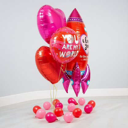 Saint Valentines Balloons arrangement with rocket supershape, heart balloons and round foil balloon in Toronto