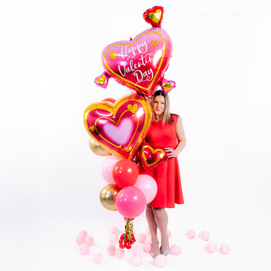 Heart balloons Toronto Valentine’s Day bouquet with helium balloons, gold accents and handmade tassels