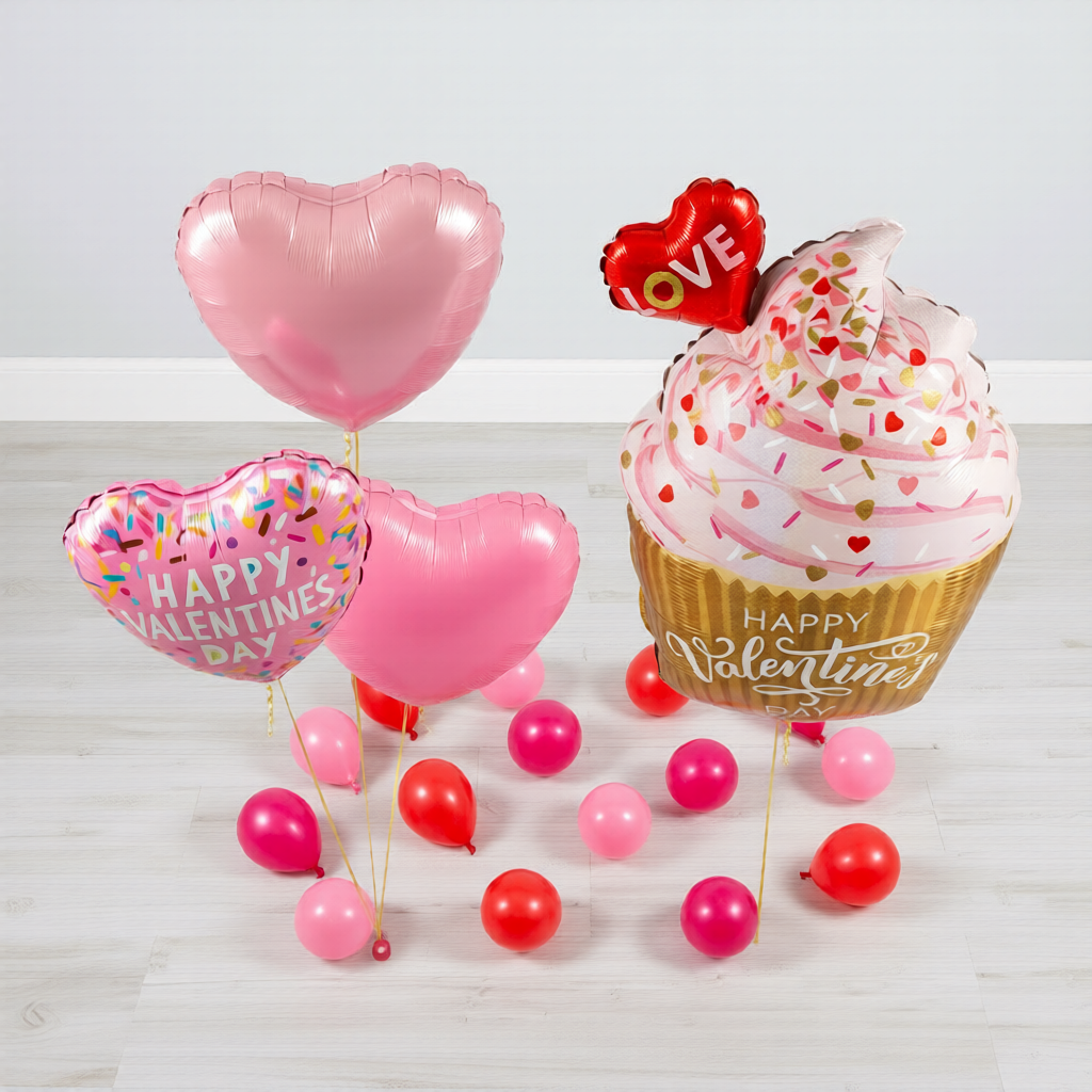 Heart helium balloons Toronto set with Happy Valentine’s Day cupcake supershape balloon, ideal for same-day delivery or pickup in the GTA