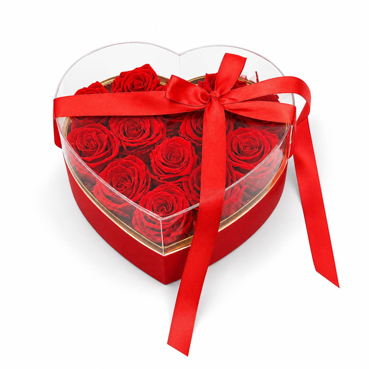 Heart-shaped box with red roses and ribbon, luxury rose gift arrangement for delivery in Toronto