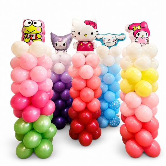 Hello Kitty birthday balloons in colourful character balloon columns for a kids party in Toronto