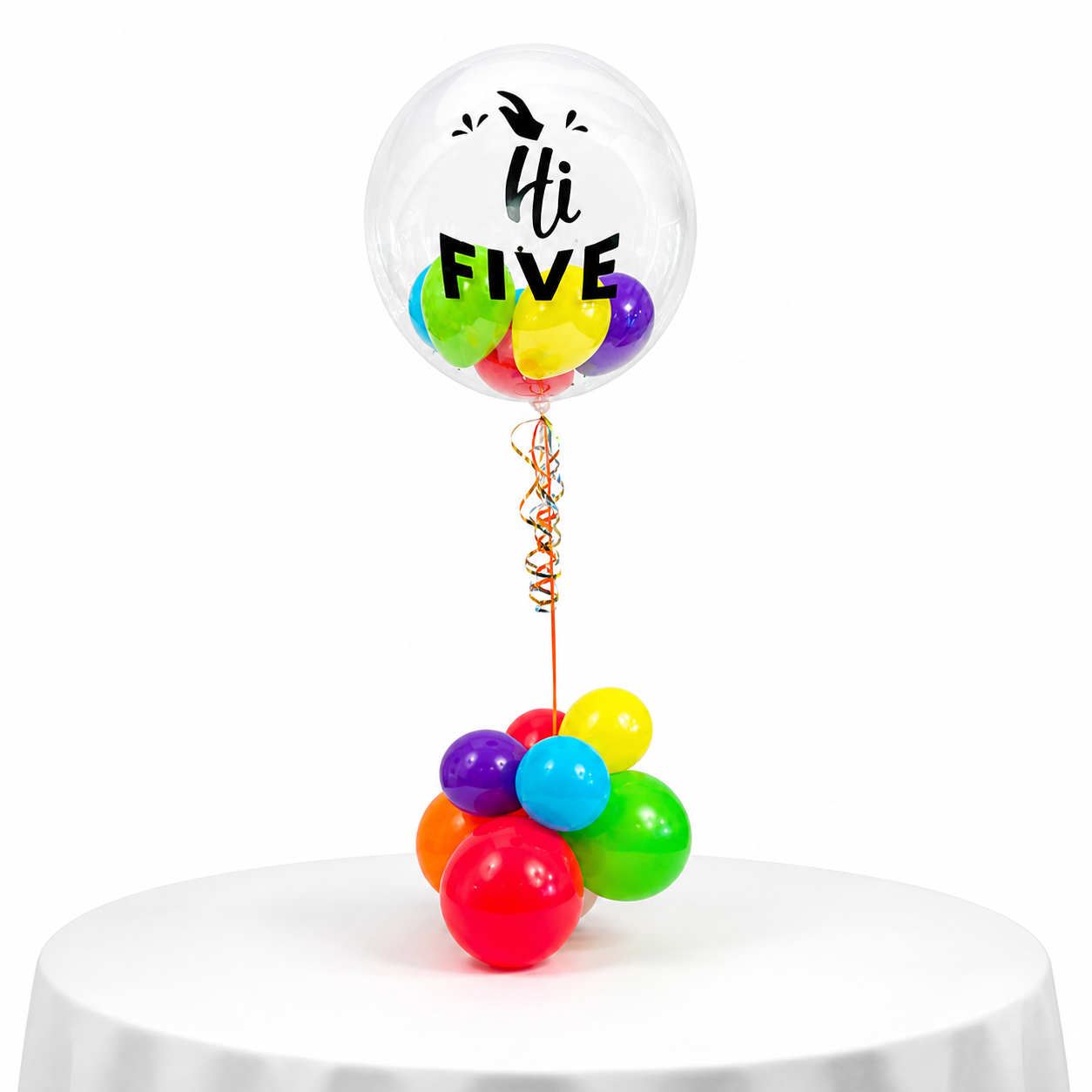 Hi Five bubble balloon centerpiece with colorful balloons on table, kids birthday balloon decoration, custom balloon centerpiece Toronto GTA