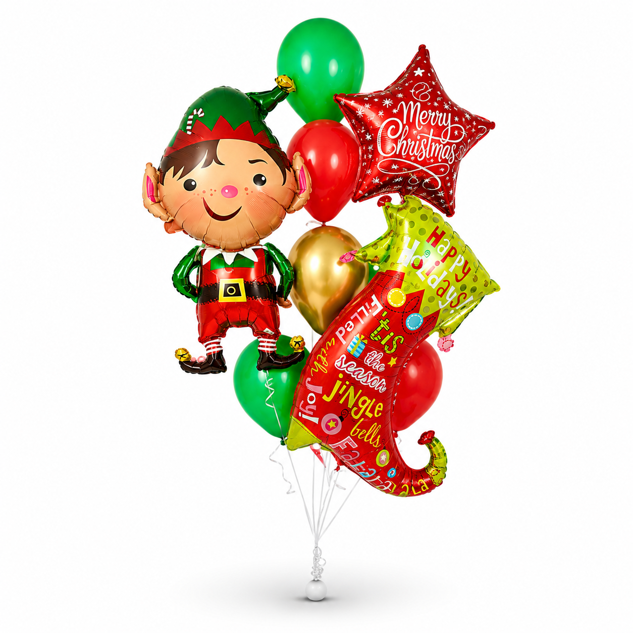 Premium holiday elf balloon arrangement featuring Merry Christmas star balloon and festive foil balloons for Christmas delivery in Toronto and GTA.