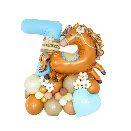 Horse Birthday Balloons Toronto with blue number seven and equestrian arrangement by Wooow Balloons