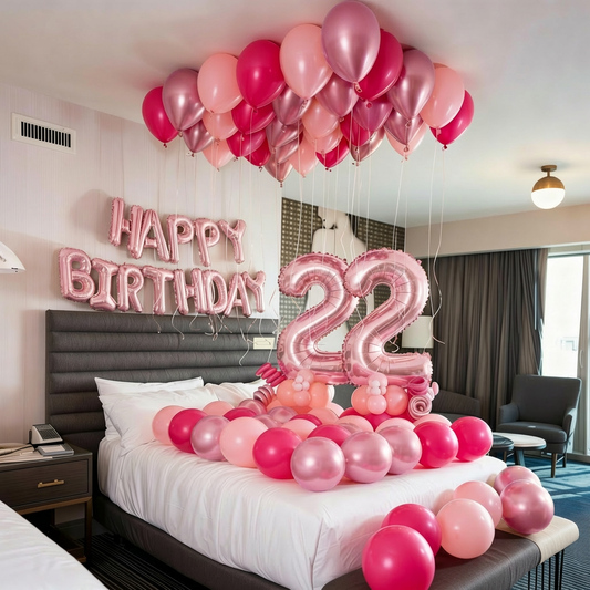 Hotel Room Decor Toronto birthday setup with helium balloons, floor balloons, Happy Birthday banner, and number stands.