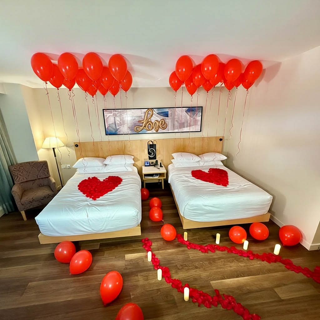 Hotel Room Decoration Toronto featuring 35 ceiling balloons and room decoration with balloons for a romantic setup.