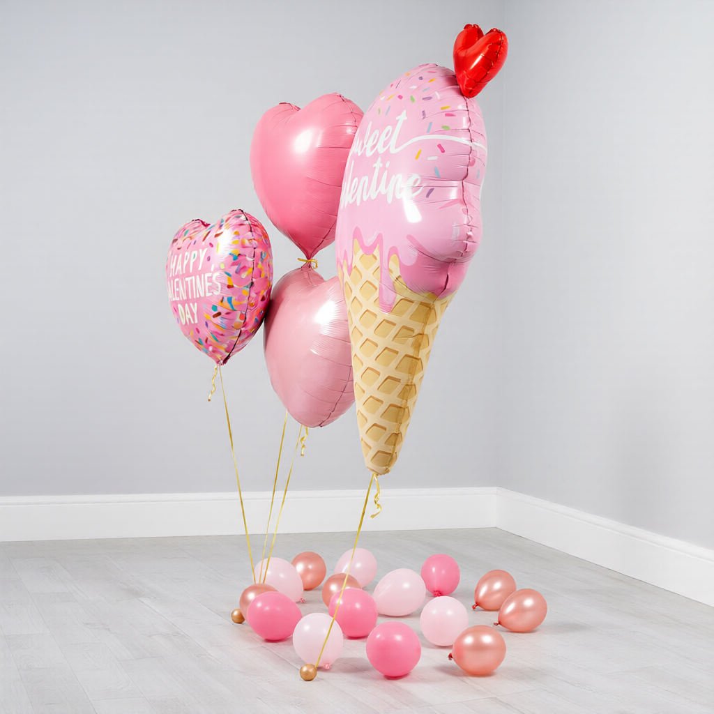 Ice cream balloon in Toronto with pink heart helium balloons and Valentine message heart, delivered pre-inflated with weights for gifting
