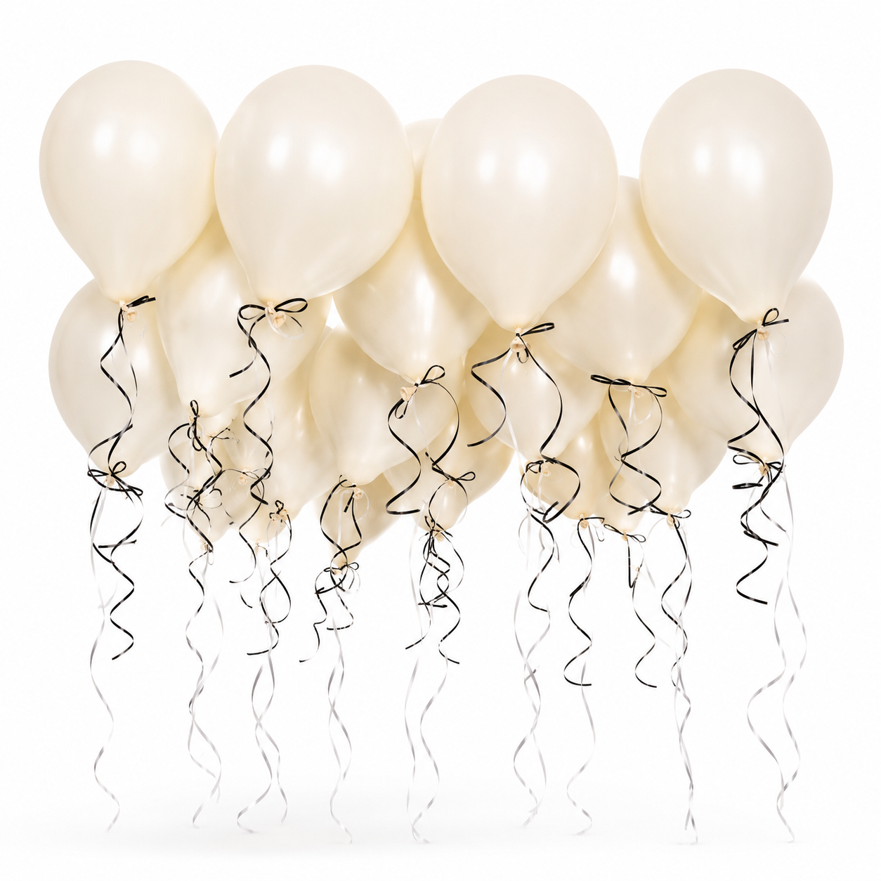 Elegant ivory ceiling balloons with black and white curling ribbons for luxury birthday parties, weddings, and event decor in Toronto by Wooow Balloons.