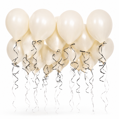 Elegant ivory ceiling balloons with black and white curling ribbons for luxury birthday parties, weddings, and event decor in Toronto by Wooow Balloons.