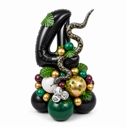 Luxury jungle theme balloon number 4 with snake design, green gold and black balloon arrangement for kids birthday party, custom balloon decor Toronto GTA