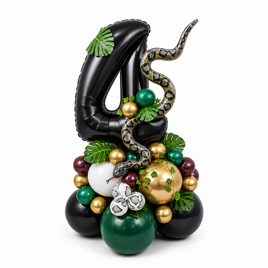 Luxury jungle theme balloon number 4 with snake design, green gold and black balloon arrangement for kids birthday party, custom balloon decor Toronto GTA