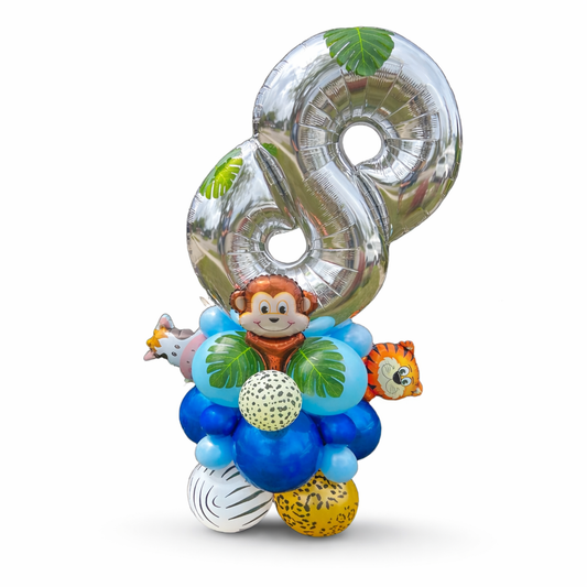 Jungle safari themed birthday balloon bouquet with silver number 8 foil balloon, monkey and animal print balloons, luxury balloon delivery Toronto