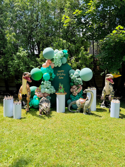 Decorative setup with balloons, dinosaur figures, and a cake on a grassy area with trees in the background.