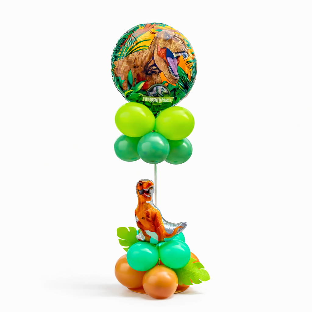 Jurassic World dinosaur balloon bouquet with T Rex foil balloon and green latex balloons for kids birthday party Toronto same day balloon delivery