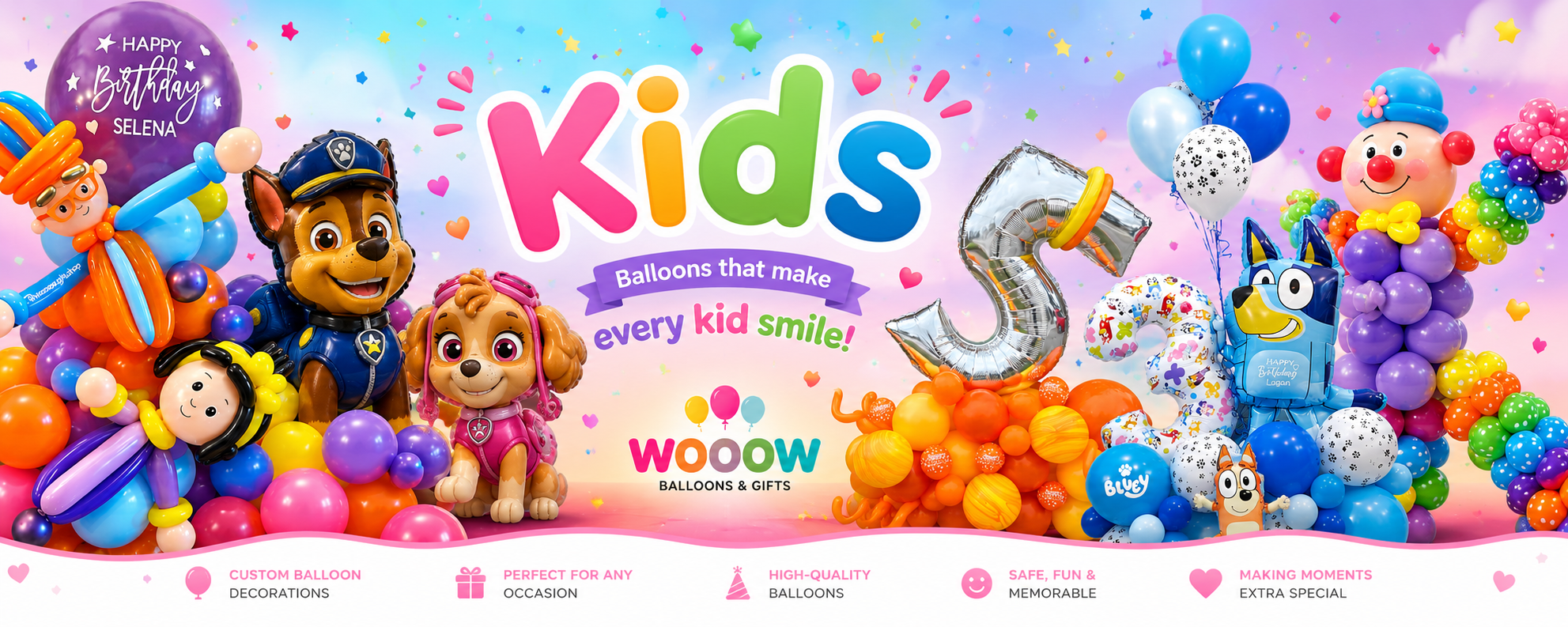 Colorful kids balloon decorations banner in Toronto featuring custom birthday balloon bouquets, character balloons, Bluey balloons, balloon sculptures, and luxury kids party decor by Wooow Balloons.