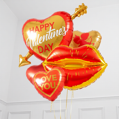Kiss lips foil balloon with heart balloons in a Valentine's Day Balloons bouquet in Toronto