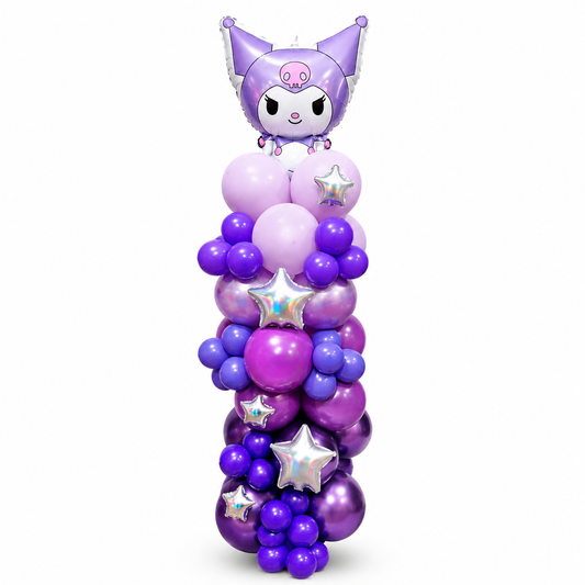 Kuromi birthday balloons in a purple and pink character balloon column for Toronto delivery