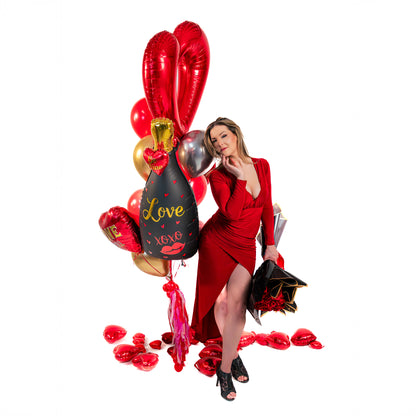 Love XOXO champagne bottle balloon and heart balloons in a Valentine balloon bouquet Toronto