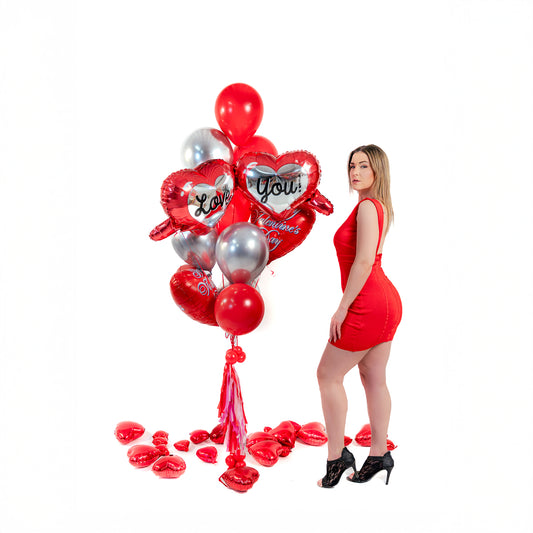 Love and You sunglasses heart balloons with red and silver balloon cluster