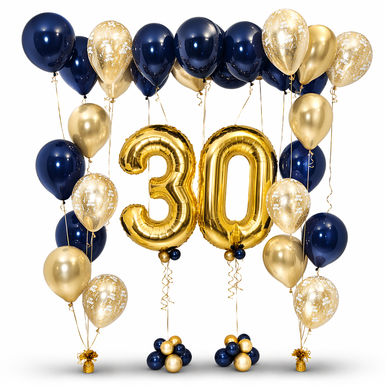 Luxury navy blue and gold 30th birthday balloon arrangement with jumbo gold number balloons and premium helium bouquet decor in Toronto.