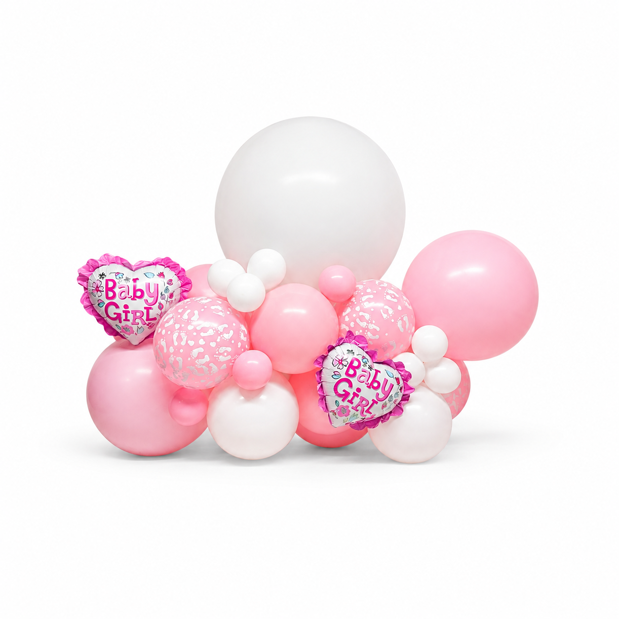 Luxury baby girl balloon arrangement in soft pink and white with jumbo balloons and Baby Girl foil balloons for baby showers, welcome baby events, and same day balloon delivery in Toronto & GTA.