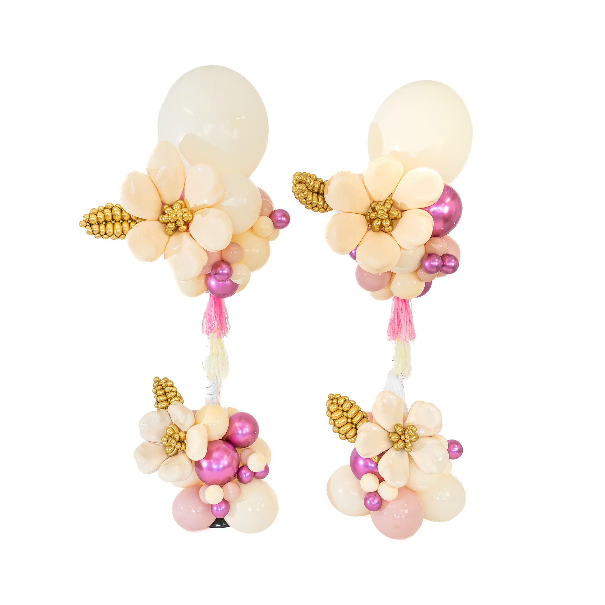 Luxury Balloon Entrance Toronto with two matching ivory floral arrangements and gold leaves by Wooow Balloons