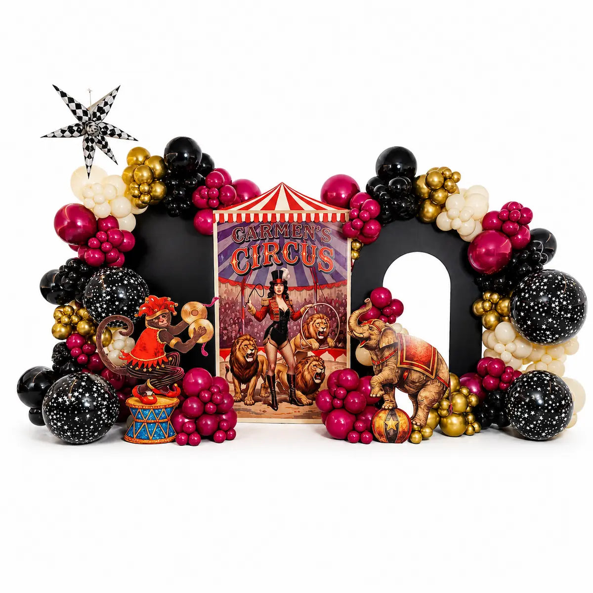 Luxury circus balloon backdrop with black, magenta, gold and ivory garlands and custom animal props in Toronto.