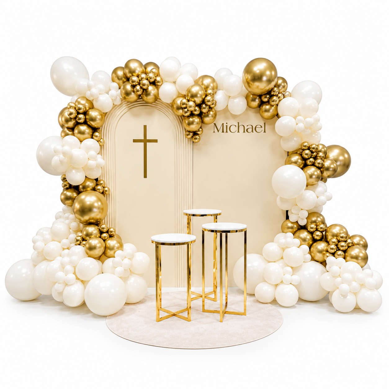 Decorative balloon arch with gold and white balloons around a photo frame with 'Michael' text.