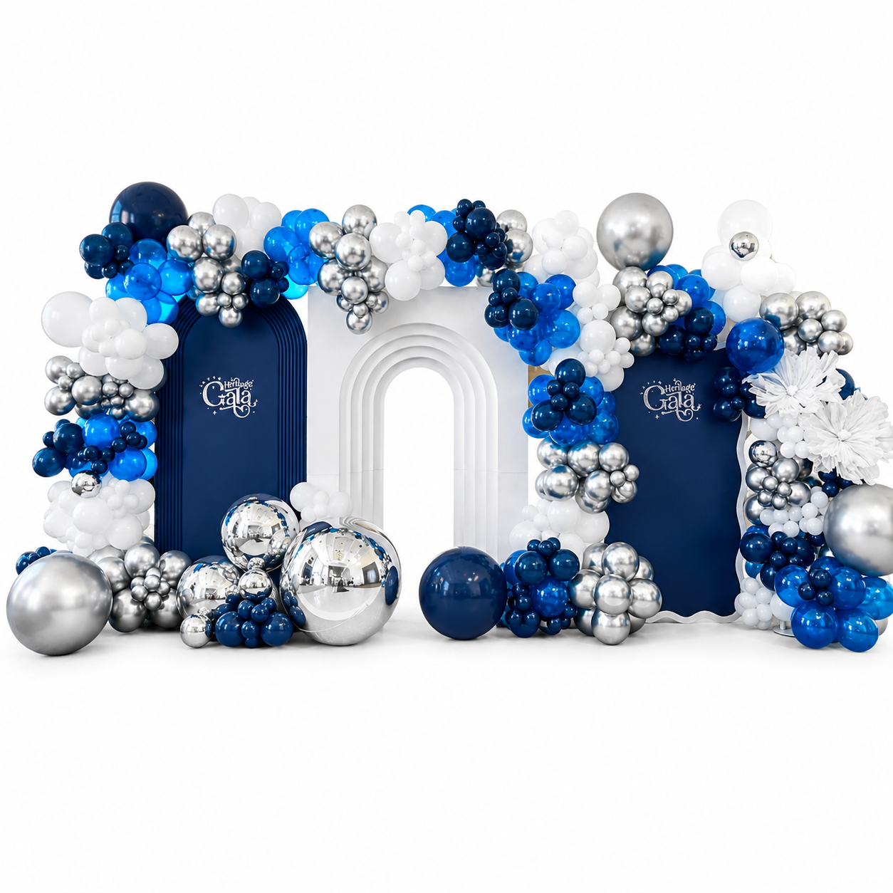 Graduation balloon arch Toronto with luxury blue and silver balloon garland, custom backdrop and premium graduation decor setup