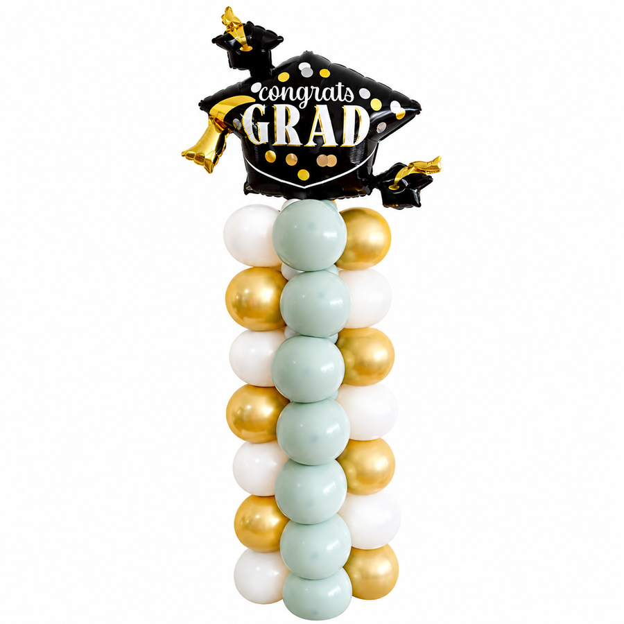 Graduation balloon column delivery featuring graduation cap balloon with sage green white and gold balloons