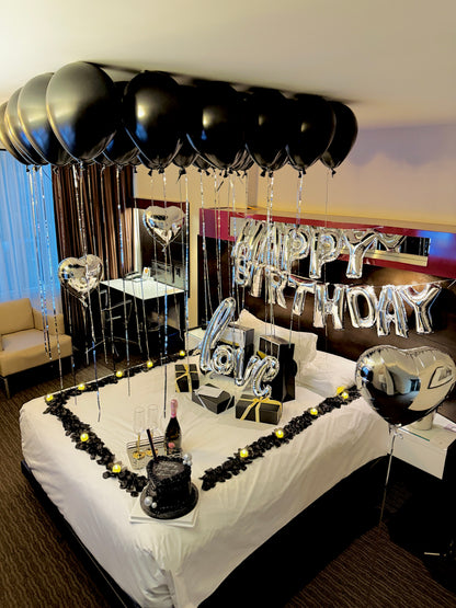 Luxury birthday surprise setup inside a Toronto hotel room